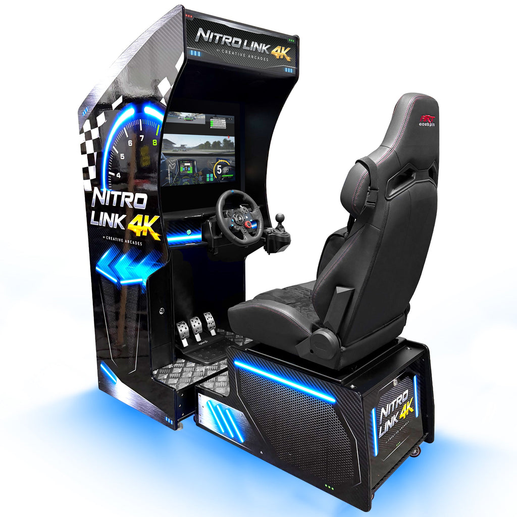 Nitro Link 4K™ Set of 2, 4, or 6 Sit Down Racing Simulator Arcade Machines with Neon Cabinet Lights and 236 Games