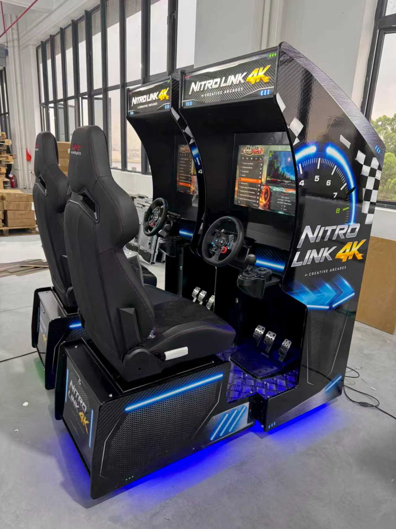 Nitro Link 4K™ Set of 2, 4, or 6 Sit Down Racing Simulator Arcade Machines with Neon Cabinet Lights and 236 Games