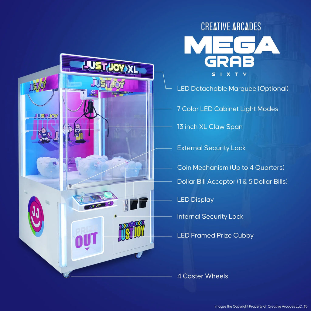 Mega Grab XL 60" Claw Machine with 7 Color Neon Cabinet Lights