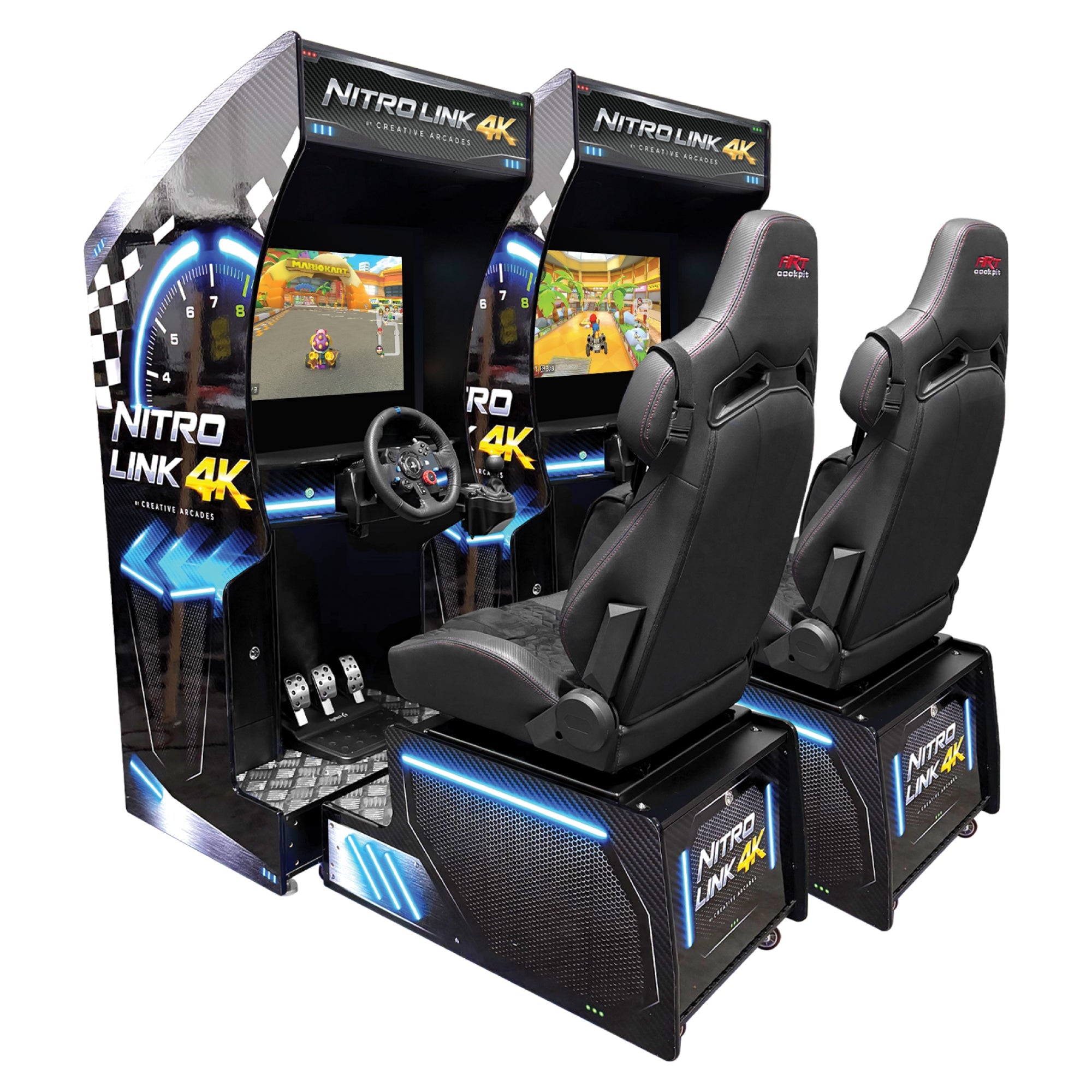 Nitro Link 4K™ Set of 2, 4, or 6 Sit Down Racing Simulator Arcade Machines with Neon Cabinet Lights and 236 Games