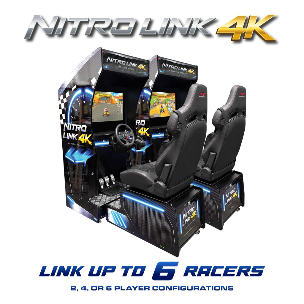 Nitro Link 4K™ Set of 2, 4, or 6 Sit Down Racing Simulator Arcade Machines with Neon Cabinet Lights and 236 Games